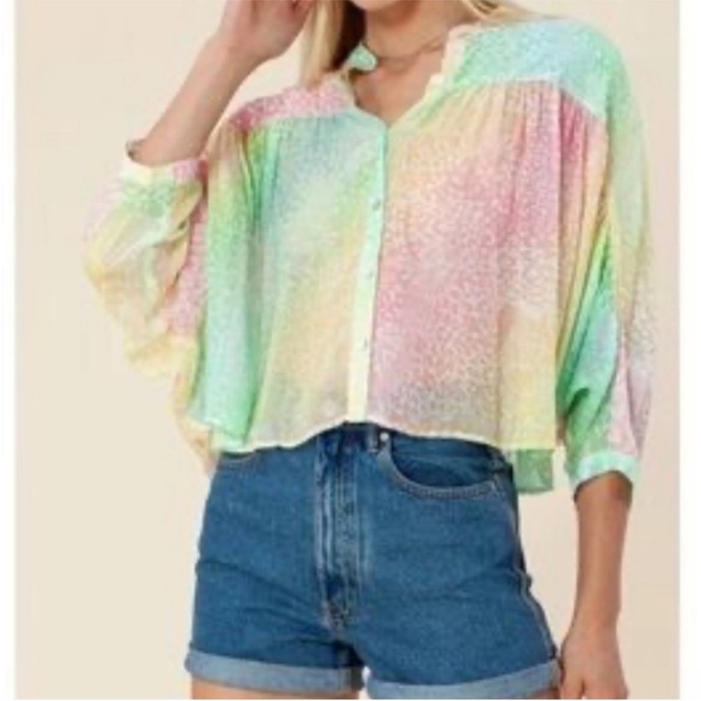 NWT Hale Bob Oversized Flowy Sheer Pastel Rainbow Animal Print Blouse